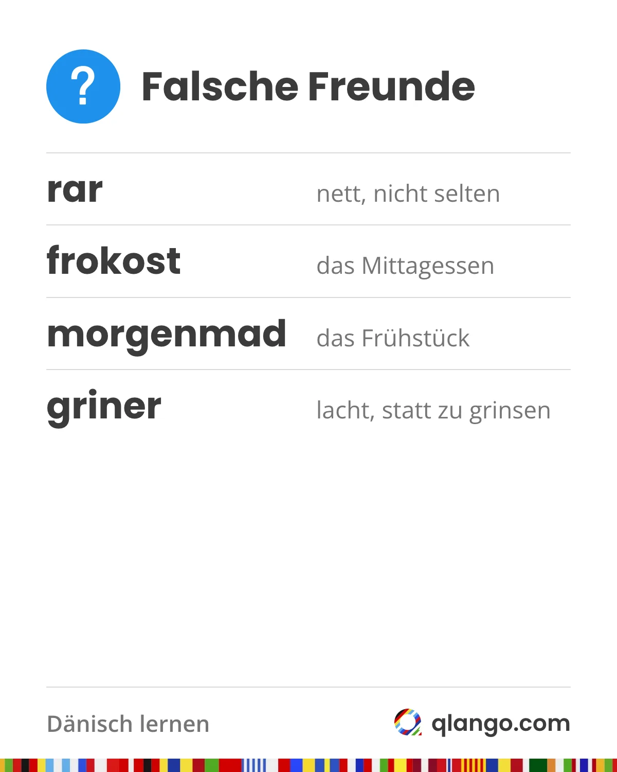 Falsche Freunde im Dänischen: rar heißt nett, nicht selten; frokost ist das Mittagessen, das Frühstück heißt morgenmad; und wer griner, lacht, statt zu grinsen