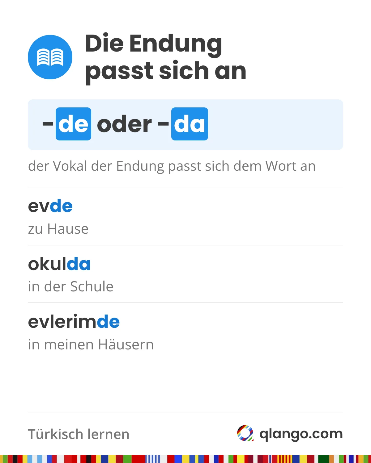 Türkische Vokalharmonie: die Endung -de oder -da passt ihren Vokal dem Wort an; evde heißt zu Hause, okulda in der Schule und evlerimde in meinen Häusern