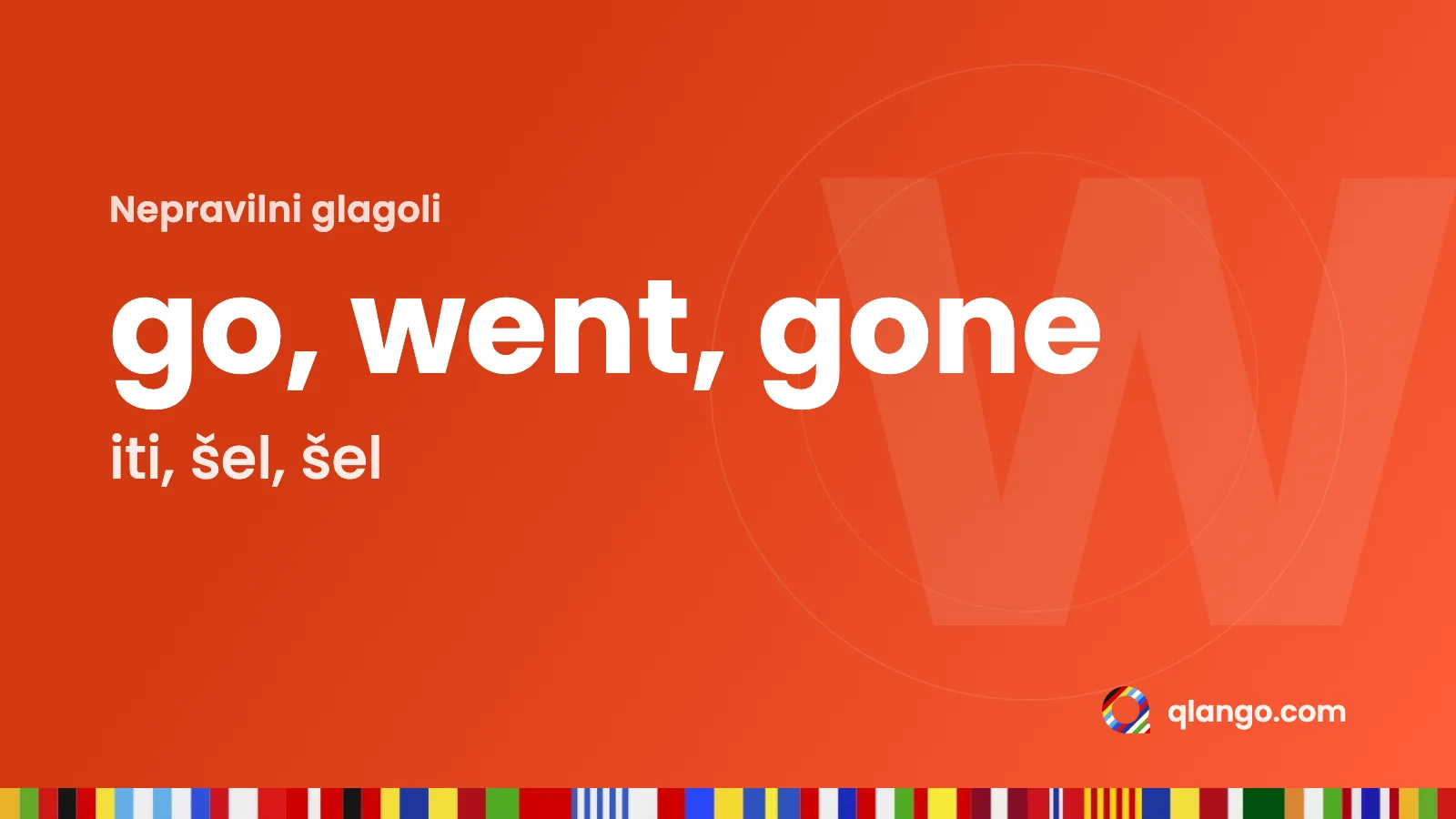 Angleški glagol go v treh oblikah go, went, gone s prevodom iti, šel, šel
